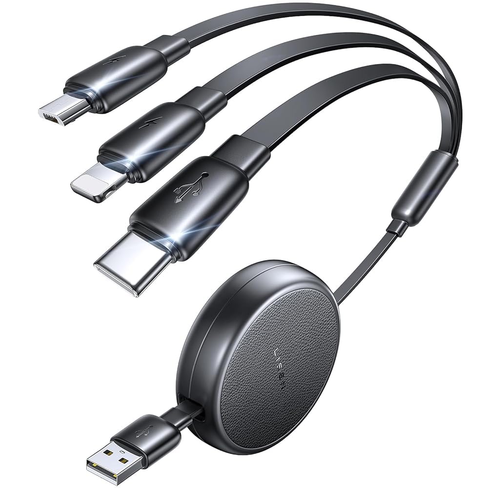LISEN Multi Charging Cable, 3 in 1 Retractable Charging Cable, Retractable Car Charger with Type C/L/Micro USB Ports for iPhone 17 16 15 14 Pro/Samsung Galaxy S25/Kindle, Cruise Essentials Accessories