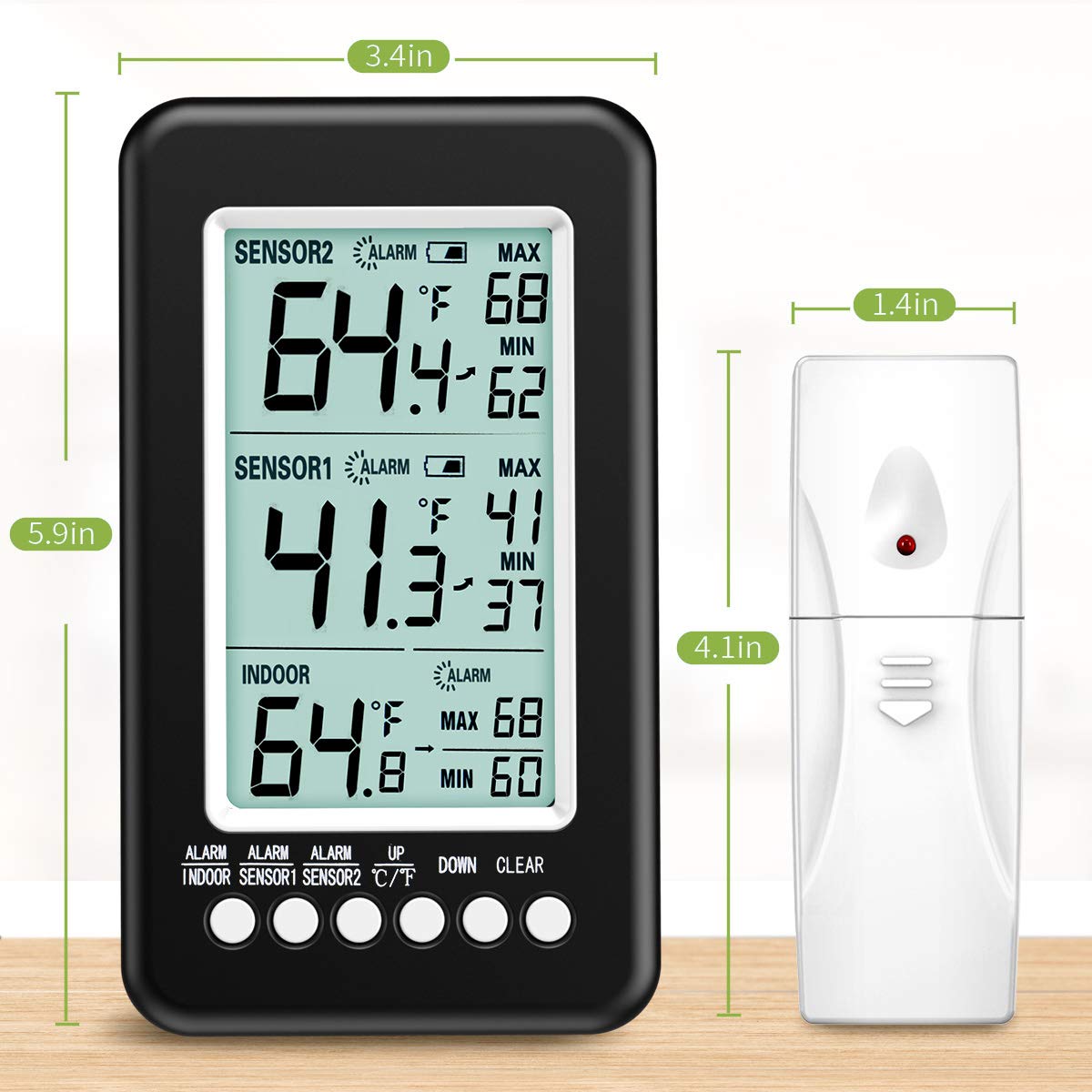 KeeKit Refrigerator Thermometer, Wireless Indoor Outdoor Thermometer with 2 Sensors, Digital Fridge Thermometer with Audible Alarm, Temperature Gauge for Freezer, Restaurants, Bars