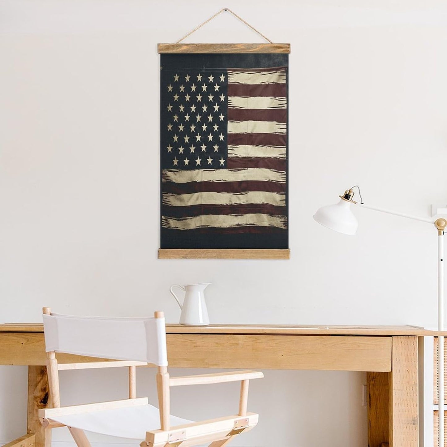 Vintage American Flag Poster with Wooden Frame Personalized Linen Hanging Scroll Painting Rustic Wall Hanging Illustrative Modern Artwork Decor for Home Living Room Bedroom Office