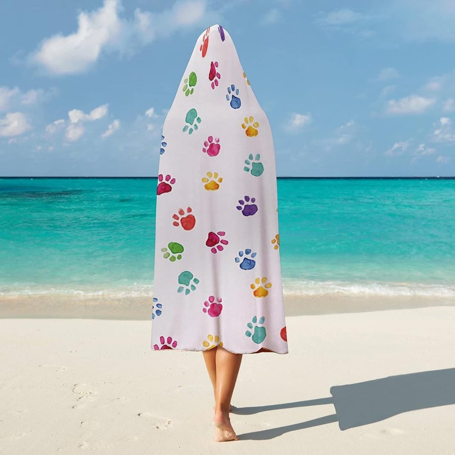 Throw Blankets, Watercolor Wearable Hooded Blanket for Adults, Hand Drawn Colorful Animal Footprints Pattern, Soft Warm Cozy, 40 x 50inches, Studying Reading Snuggling Napping Office, Multicolor