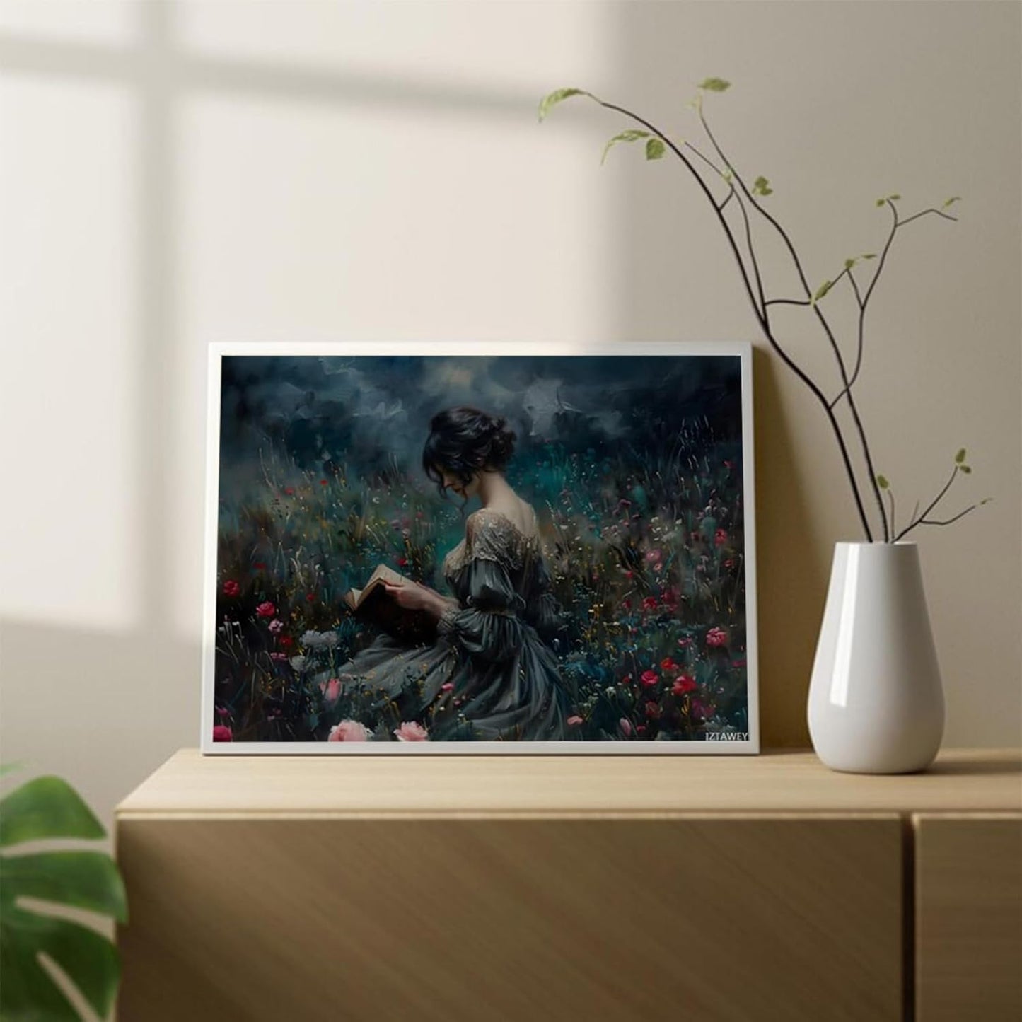 Canvas Print Wall Art Dark Academia Woman Reading Book Victorian Print Poster Vintage Abstract Artwork Aesthetic Home Decor for Living Room Bathroom Bedroom Wall Art Unframed 12x16inch
