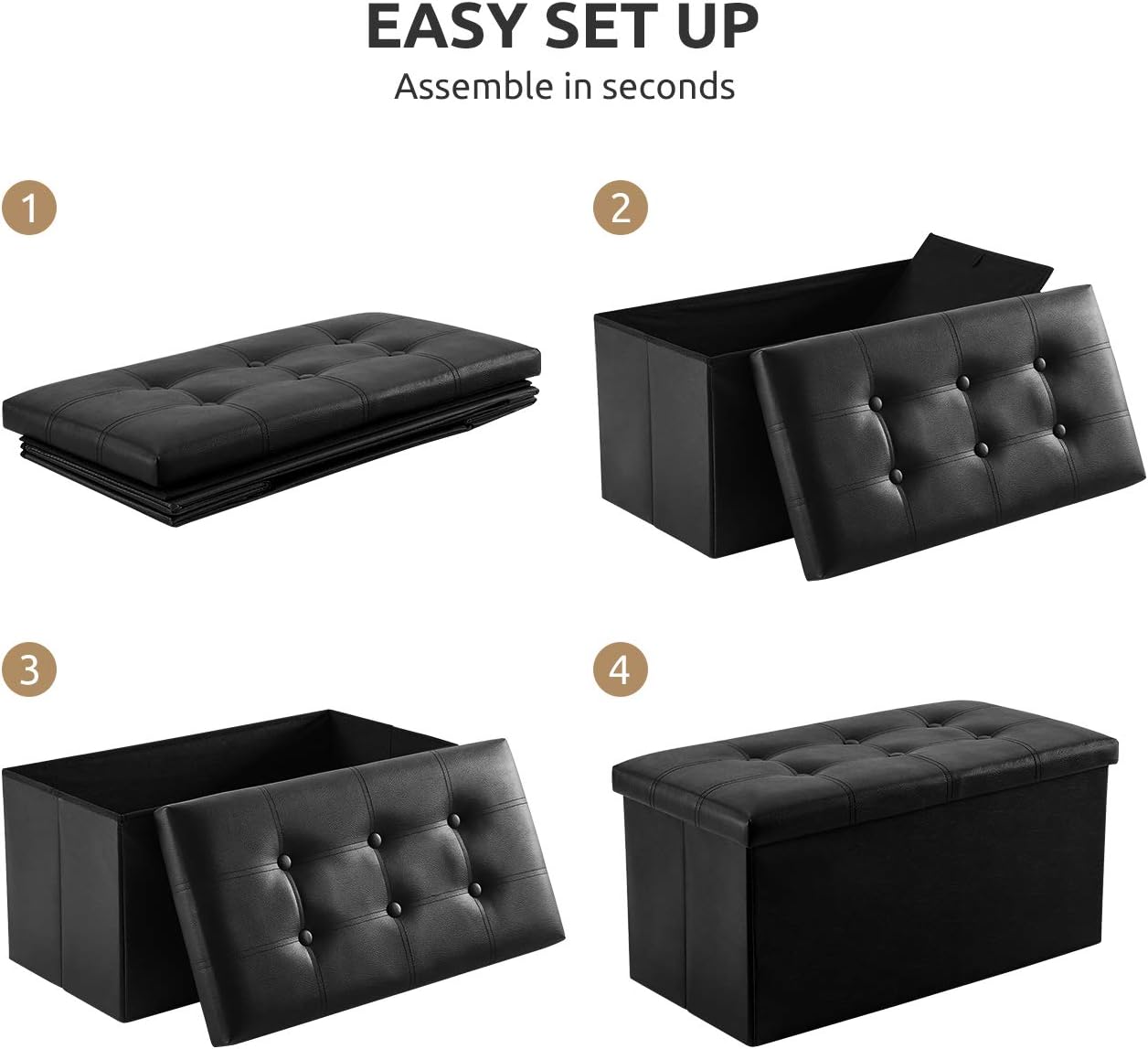 YOUDENOVA Folding Storage Ottoman, Faux Leather Ottoman Bench Footrest Ottoman, Storage Chest Padded Seat for Bedroom and Living Room, Black, 15" D x 30" W x 15" H