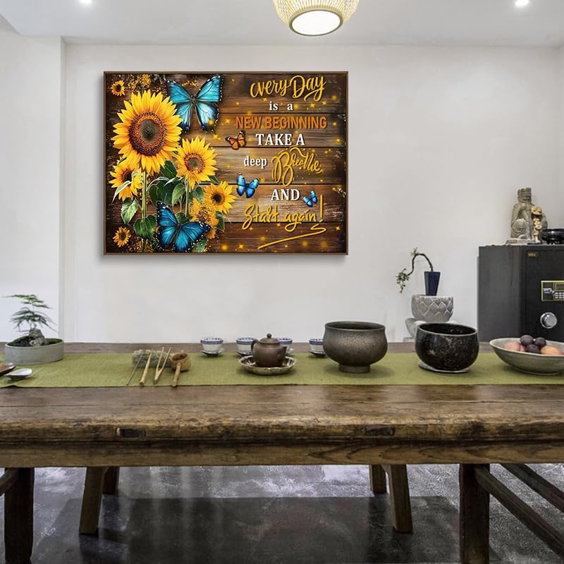 Sunflower Canvas Wall Art Blue Butterfly Rustic Wood Wall Decor Inspirational Prints Quotes Posters Vintage Painting Framed Artwork For Bedroom Living Room And Kitchen Home Modern Decors 12x16 Inches