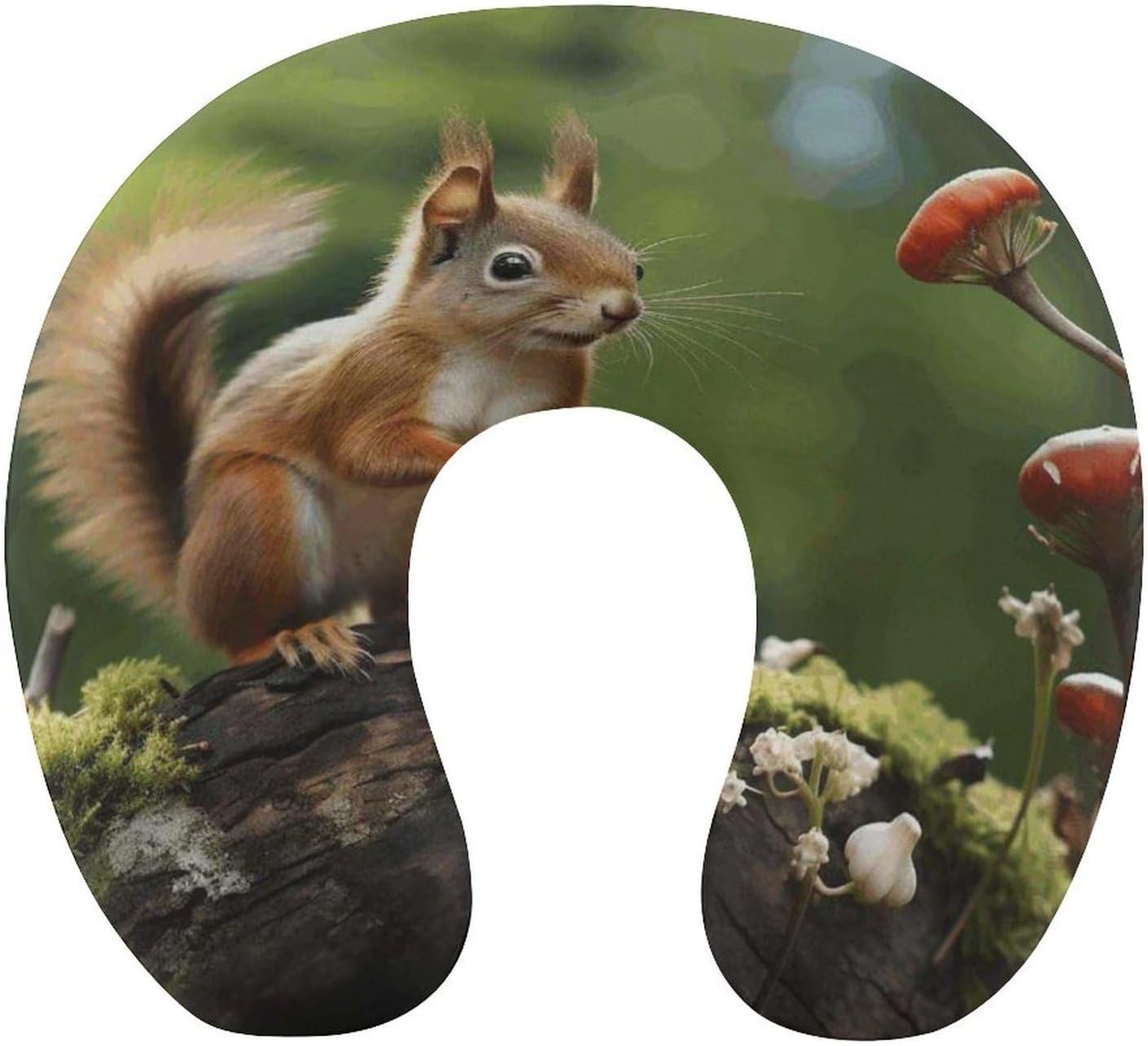 Red Squirrel on Small Green Hill Neck Pillow Memory Foam U Shaped Pillows Portable Pillows for Shoulder Travel Head Support Pillow with Concealed Zipper for Airplane Car Home Office
