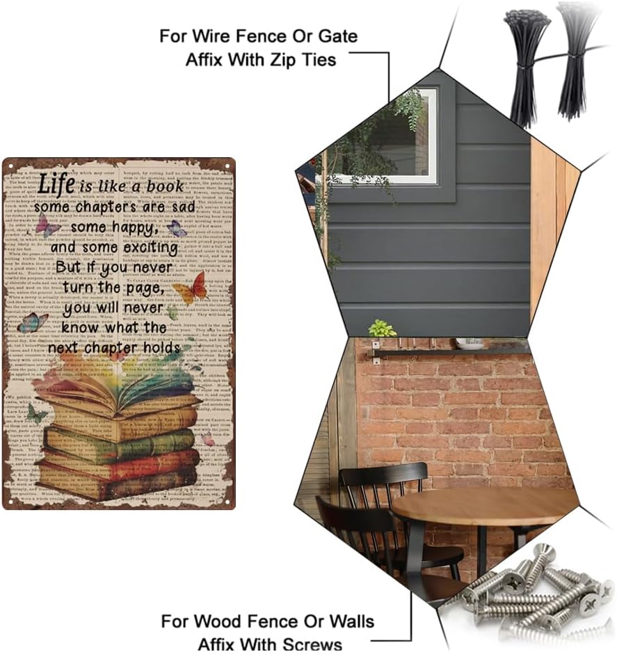 SUPERDANT Life is Like A Book Tin Signs Books Butterfly Metal Tin Sign Poster Motivational Text Vintage Art Decor for Classroom Library Cafe Coffee Bar Reading Room Plaque Home Bedroom Wall Decoration