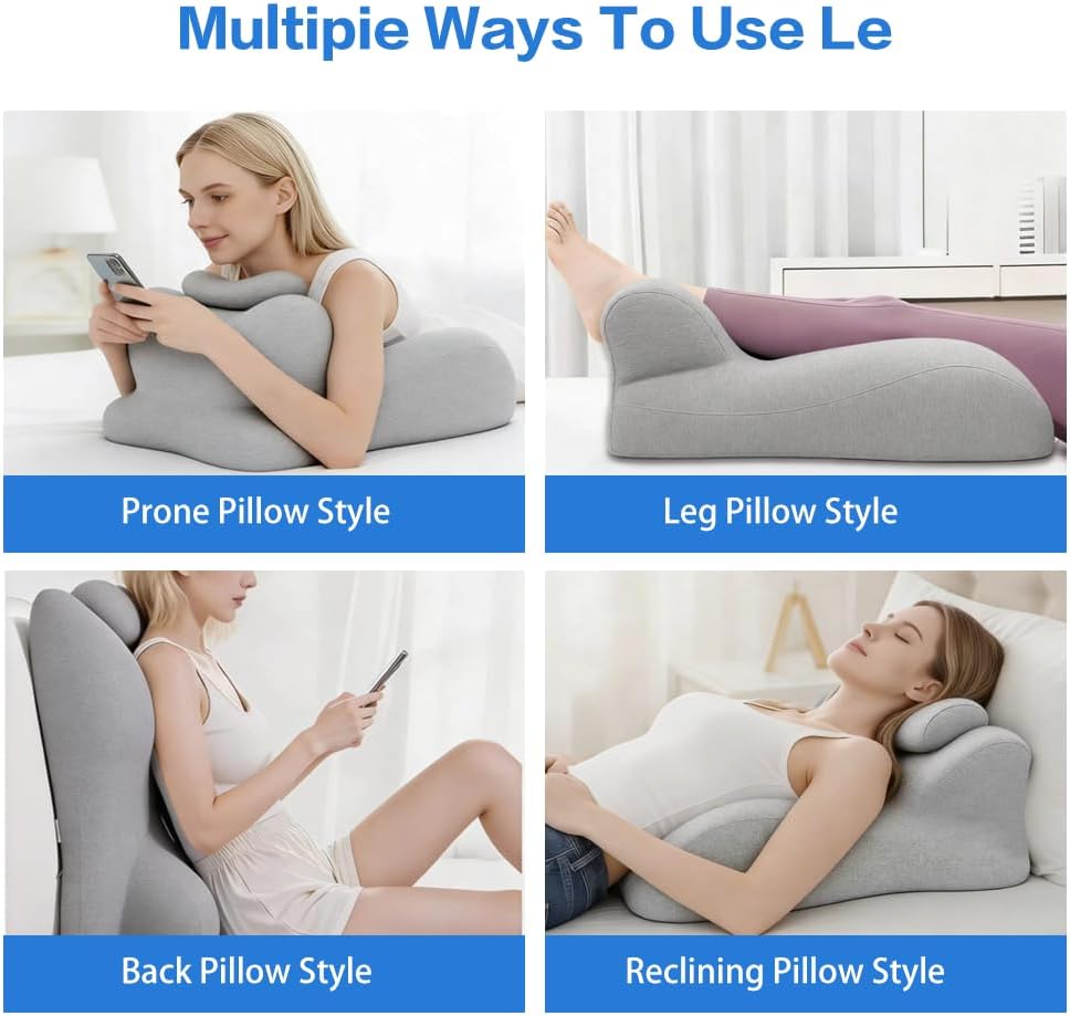 Memory Foam Ergonomic Rest Pillow - Prone Pillow for Sleeping, Targeted Support for Back Pain, Acid Reflux and Sitting Up, Ideal for Massage, with Washable Cover (Light Grey)