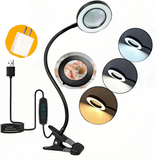 Reading Lamps, Clip on Desk Lamp,Craft Lamp Adjustable Lighted Magnifying Glass with Stand Portable Eye LED Light 3 Colors Dimmable for Reading Crafts Workbench (Adapter Available)