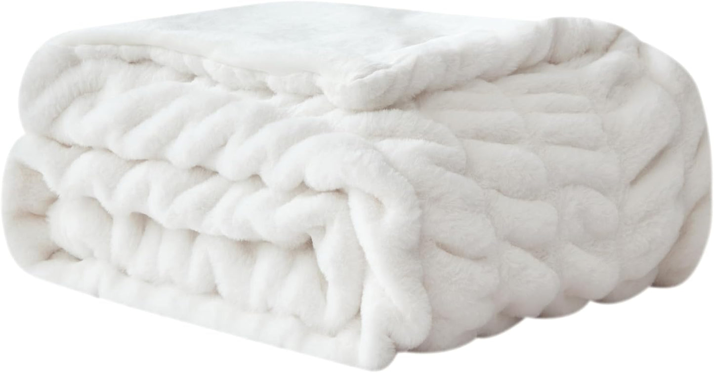 WDCOZY Ruched Faux Fur Throw Blanket Soft Cozy Fluffy Luxurious Blankets Couch Bed Sofa Chair Home Decor Warm Furry Fall Winter Plush Rabbit Fur Bubble Blanket 50" x 60", Ivory Cream White