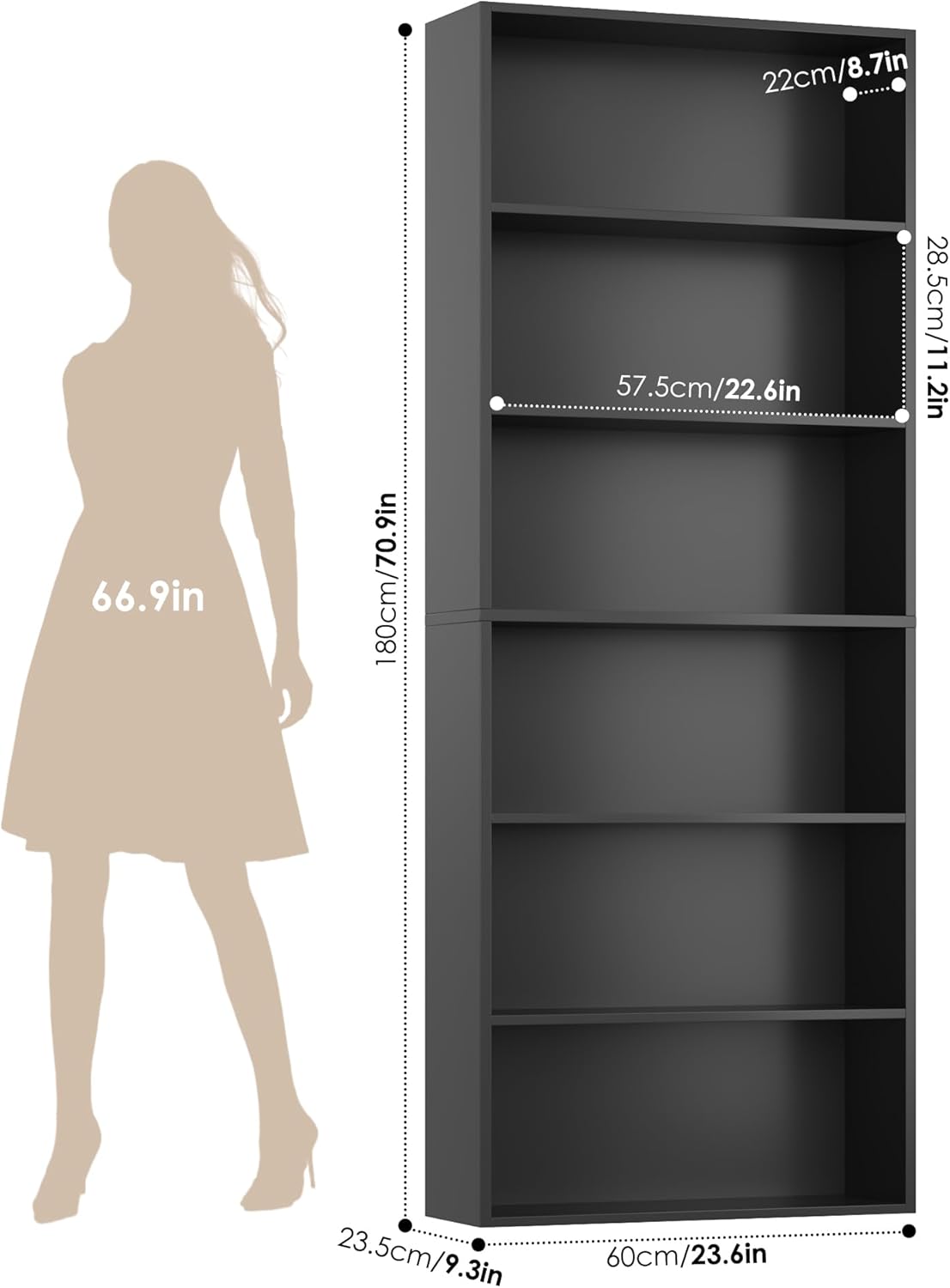 FOTOSOK 6-Tier Open Bookcase and Bookshelf, Freestanding Display Storage Shelves Tall Bookcase for Bedroom, Living Room and Office, Black