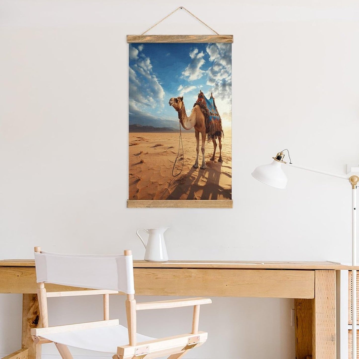 Vintage Camel Blue Sky Poster with Wooden Frame Personalized Linen Hanging Scroll Painting Rustic Wall Hanging Illustrative Modern Artwork Decor for Home Living Room Bedroom Office