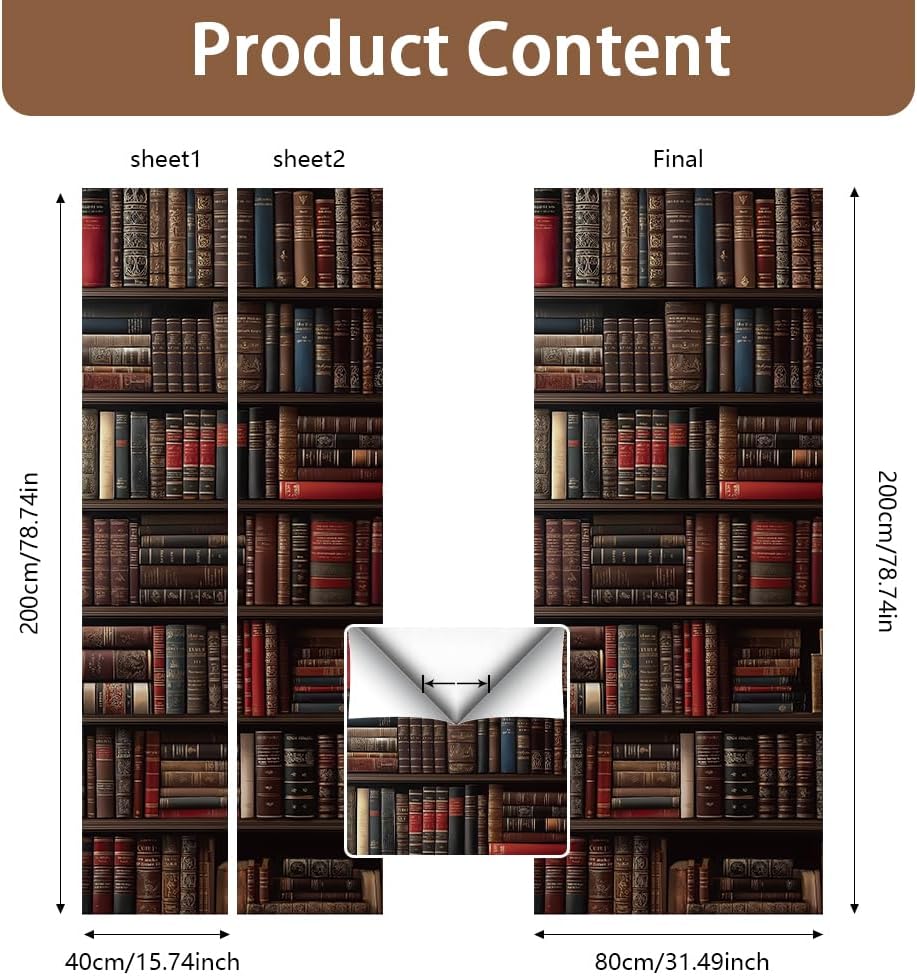 2Pcs Vintage Bookshelf Door Sticker Decals Books Removable PVC Door Decals Brown Wood Self-Adhesive Doors Wallpaper for Bedroom Library Cafes Doors 79 * 31in/200 * 80cm