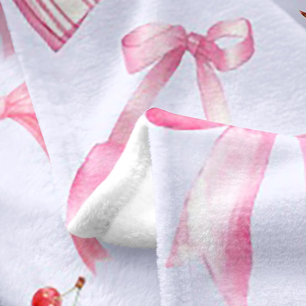 Feelyou Bow Cherry Plush Throw Blanket, Queen 90"x90" Watercolor Bow All Season,Bed Blanket for Sofa Couch Girls Teens Bedroom Decor Blue Cute Bowknot Flannel Fleece Blanket Women Men Fruit