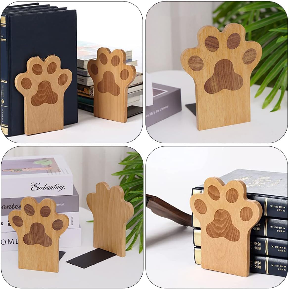 PRETYZOOM 2pcs Solid Beech Wood Bookends with Cat Paw Design, Desktop Book Support for Students, Office Accessory and File Organizer, Non-Slip Book Stoppers for Home and Study Desk