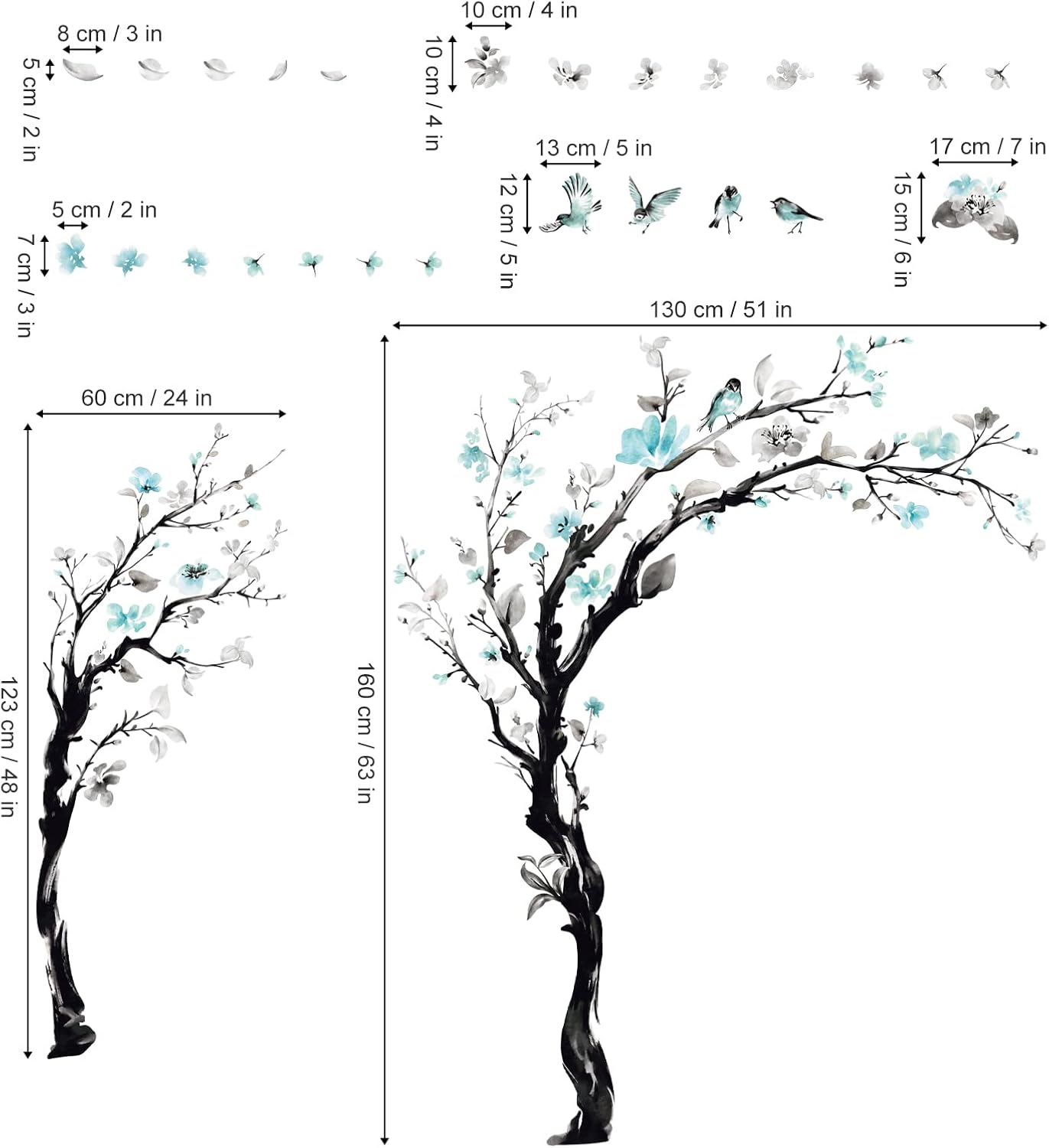 decalmile Large Watercolor Tree Wall Decals Blue Flower Branch Wall Stickers Living Room Bedroom Kitchen Wall Decor(H:63/48 Inches)