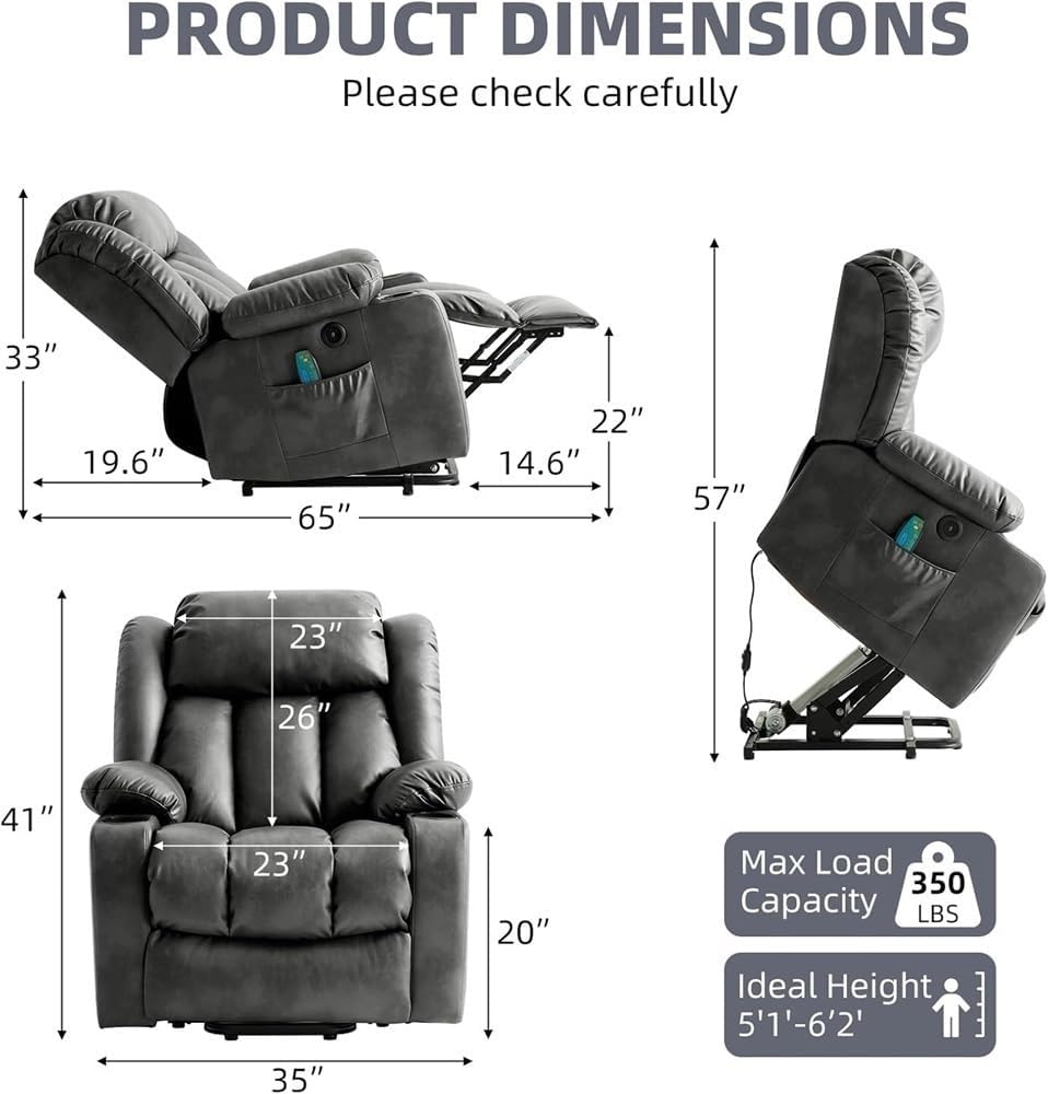 Electric Power Lift Recliner Chair for Elderly Adults with Heated Massage Remote Control USB Charger Side Pockets Cup Holders Comfortable Leather Reclining Sofa Seat