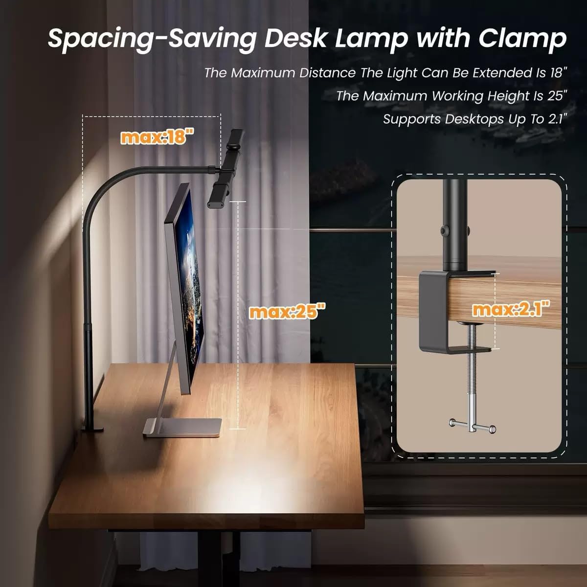 Eye-Caring Stepless Dimming Clip on Desk Lamp, Desk Lamps for Home Office with Adjustable Gooseneck, LED Light for Reading, Study, Art Painting,Live Streaming,Workbench - Black