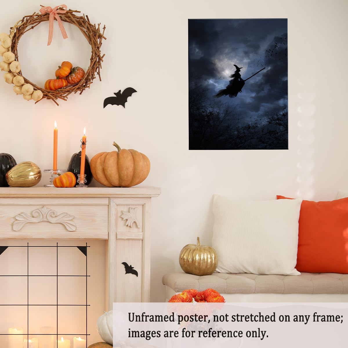 Witch Flying Across Full Moon Night Poster – Dark Halloween Canvas Print with Silhouette, Spooky Sky and Forest Trees for Gothic or Moody Room Wall Decor-12x16Inch Ready to Hang(Unframed)