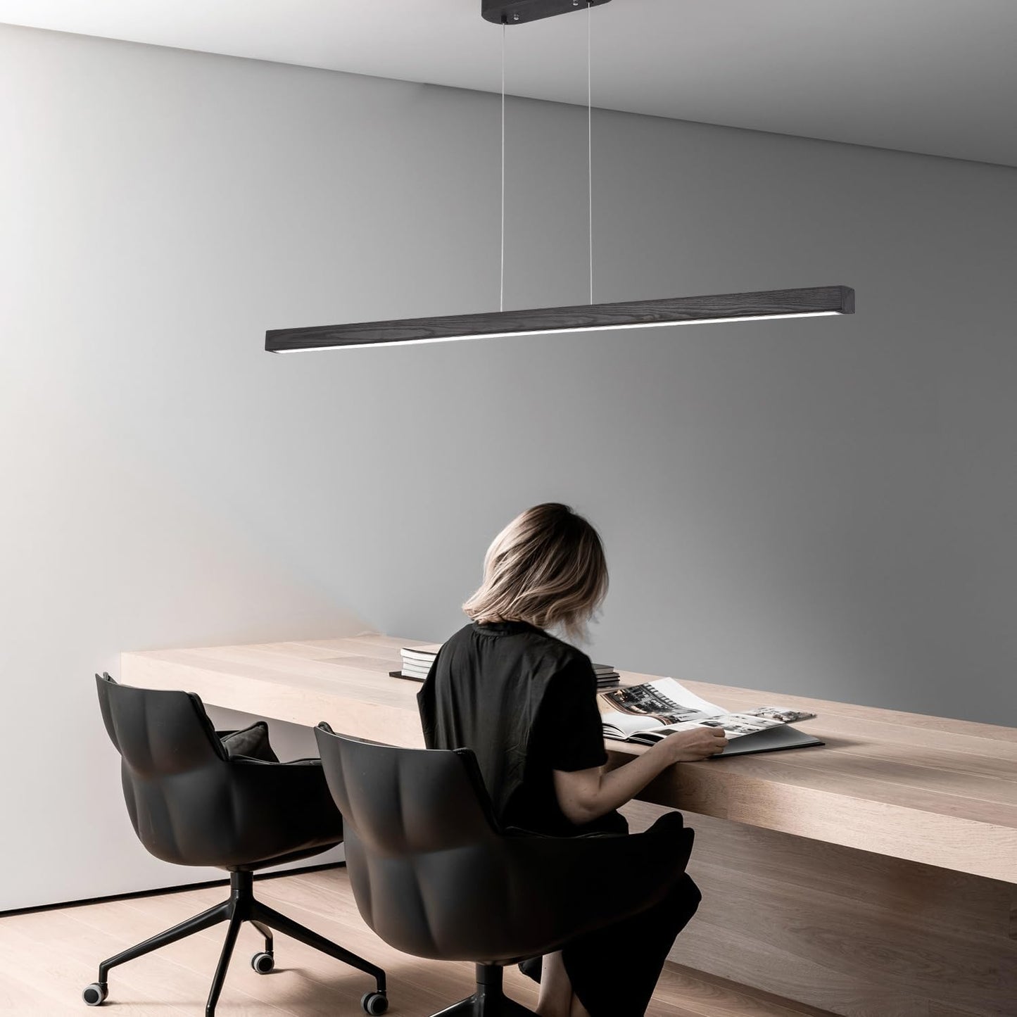 39" Black Linear Pendant Light Wooden Led Modern Linear Chandelier Ceiling Hanging Dimmable Pendant Lights for Dining Room Kitchen Island Pool Table Lights Black Wood Finish