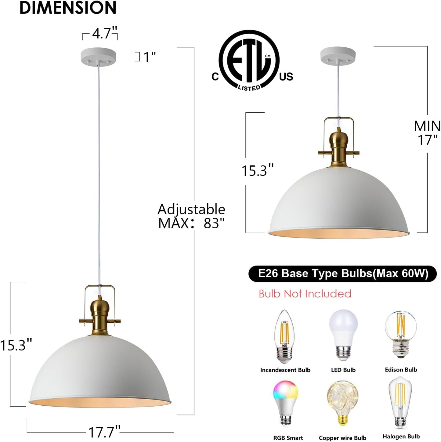 18 Inch White Farmhouse Pendant Lights Large Pendant Lights for Kitchen Island Industrial Adjustable Height Vintage Big Dome Hanging Light Fixtures for Barn, Dining Room
