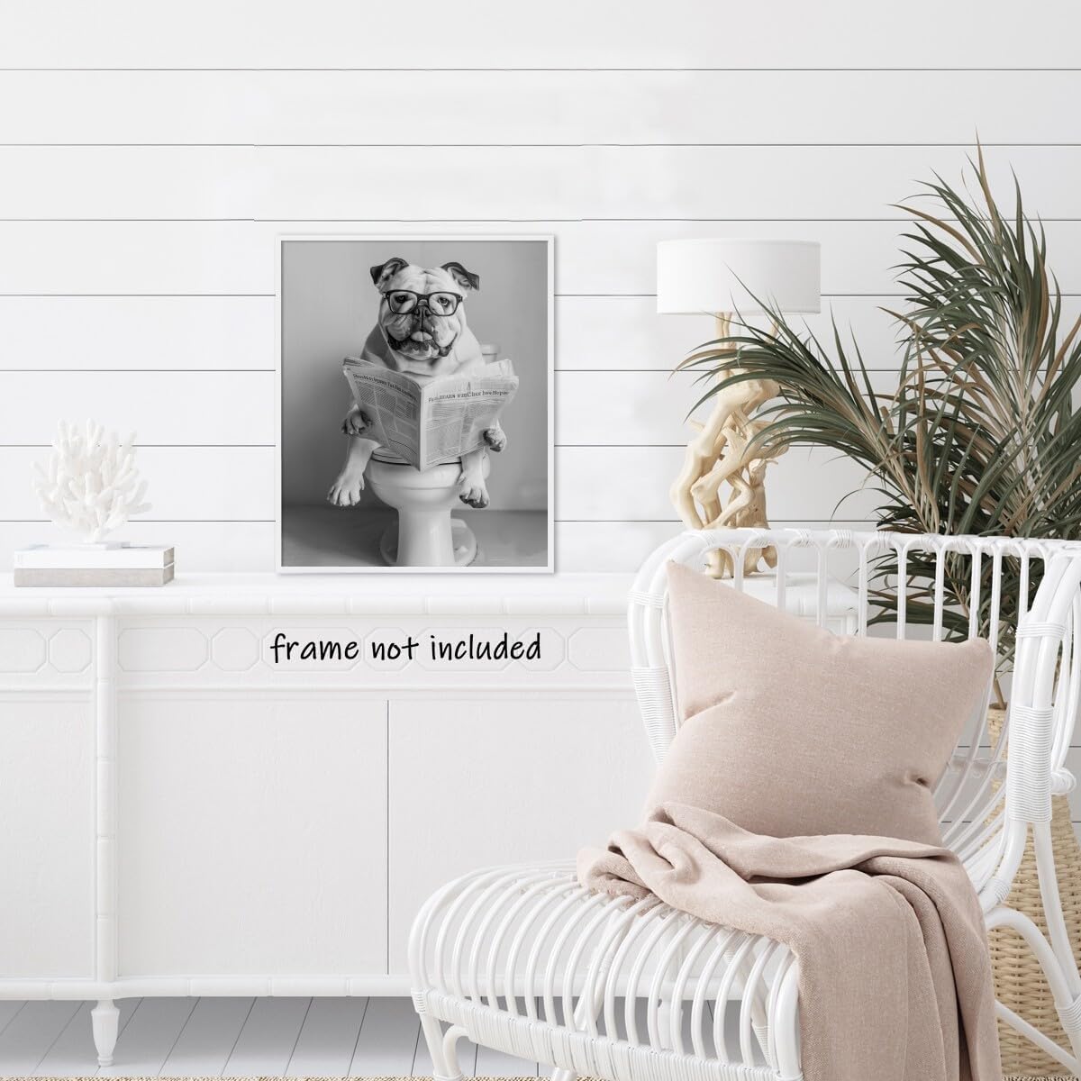 Funny Dog wall art Pitbull Sitting On Toilet Reading Newspaper Black and White Canvas Print Retro Bathroom Aesthetic Posters Pet Decor Bathroom Art Wall decor Unframed12x16inch
