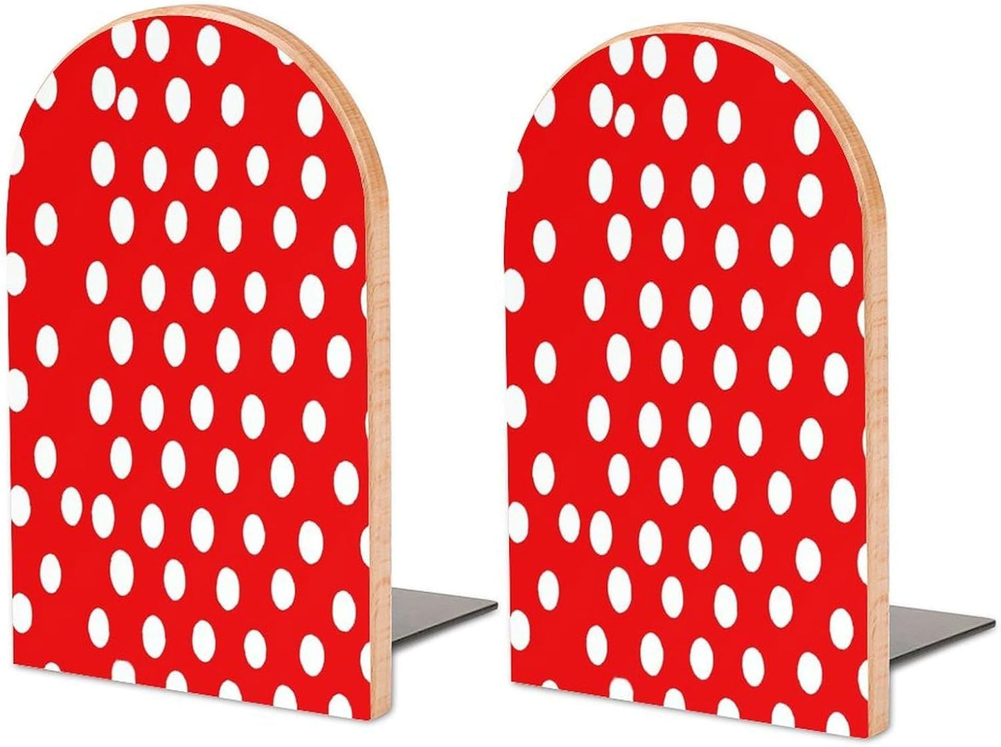 Non-Slip Bookend for Shelves Red and White Polka Dots Wooden Bookends with Metal Base Decorative Book Stopper for Home Heavy Duty Wood Book Storage for Books/CDs