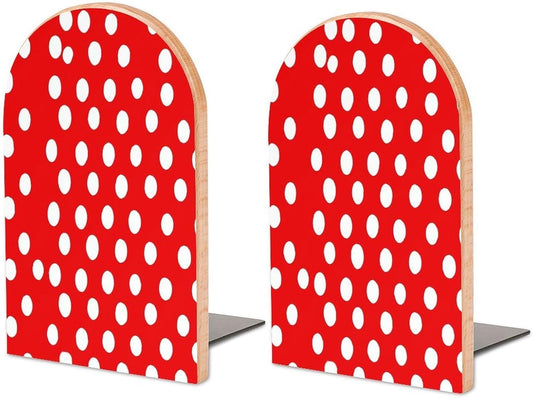 Non-Slip Bookend for Shelves Red and White Polka Dots Wooden Bookends with Metal Base Decorative Book Stopper for Home Heavy Duty Wood Book Storage for Books/CDs