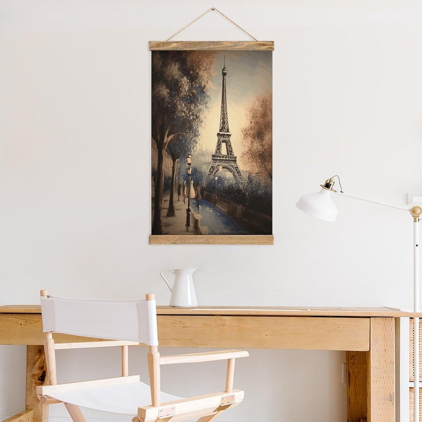 Vintage Romantic Paris Eiffel Tower Poster with Wooden Frame Personalized Linen Hanging Scroll Painting Rustic Wall Hanging Illustrative Modern Artwork Decor for Home Living Room Bedroom Office