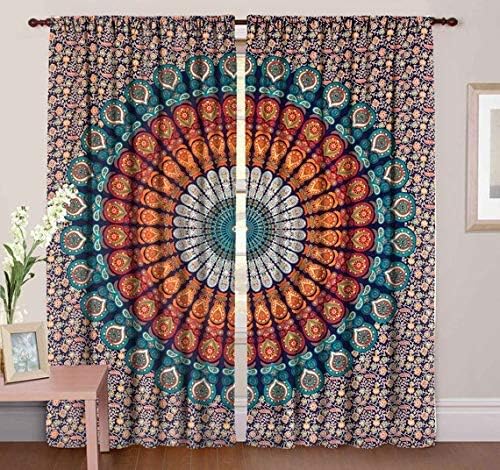 Popular Handicrafts Indian Hippie Bohemian Beautiful Peacock Mandala Curtain Panels Room Divider Blue