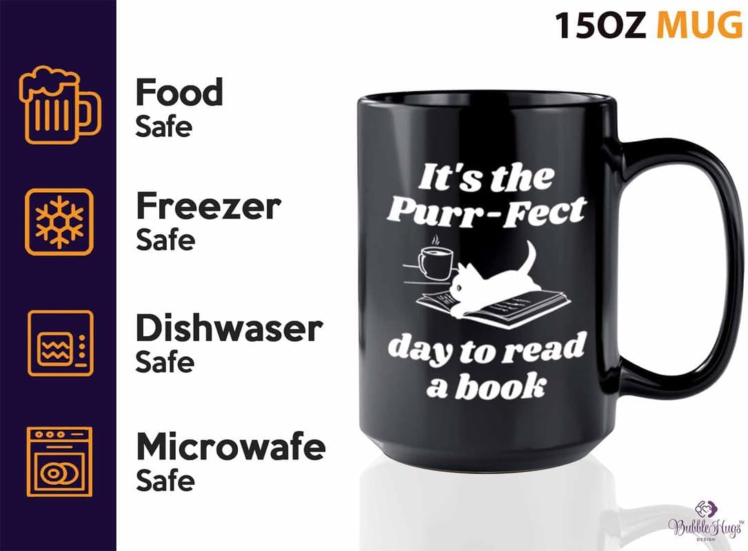 Reading Coffee Mug 15oz Black - Purr-fect Day Read a Book - Reader Gift Bookworm Owl Lover Cat Lover Book Lover Novelist Librarian Writer
