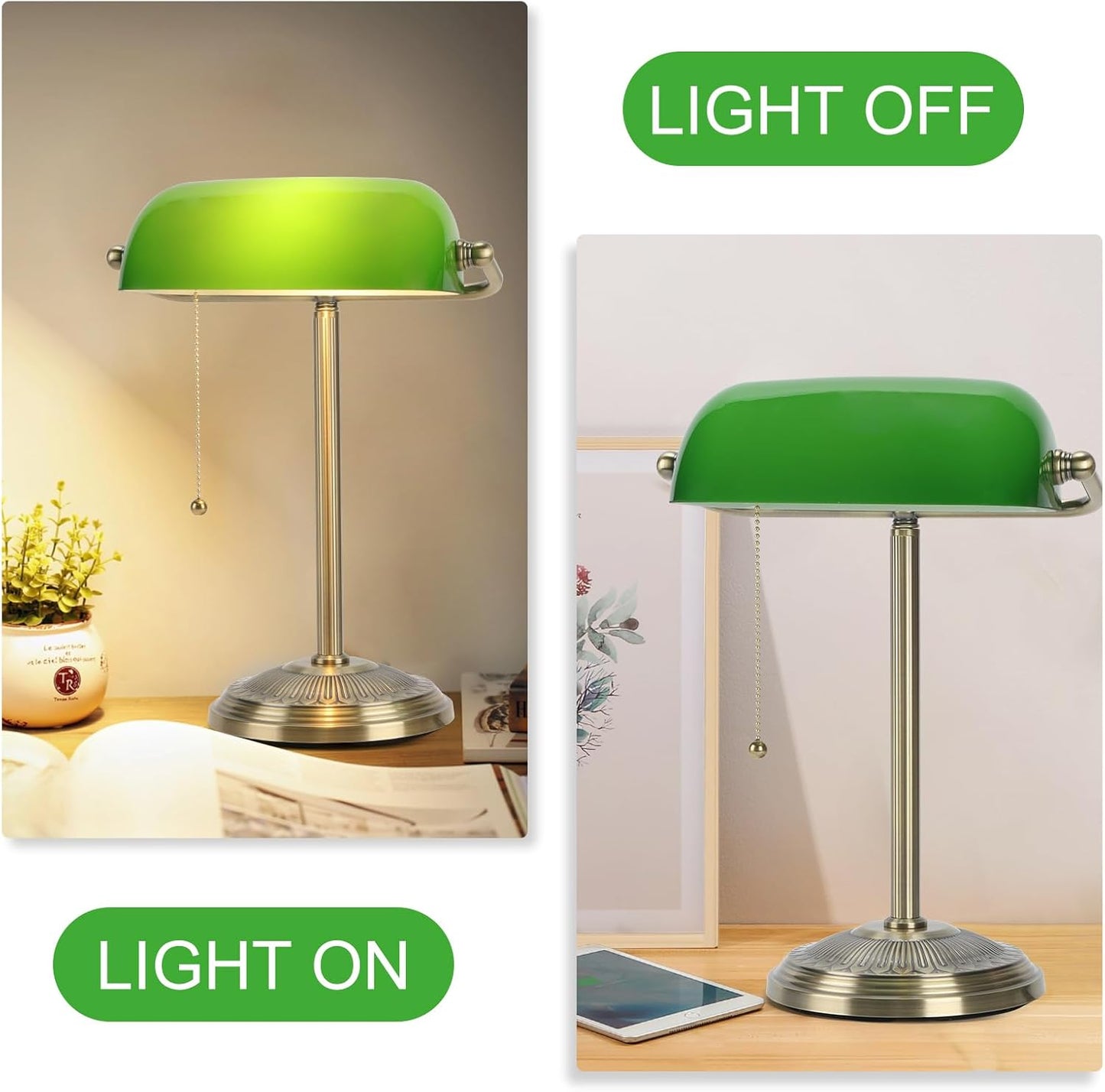 Bankers Lamp, Green Desk Lamp with Brass Finish, Classic Table Lamp with Pull Switch for Home, Office, Study (Green)