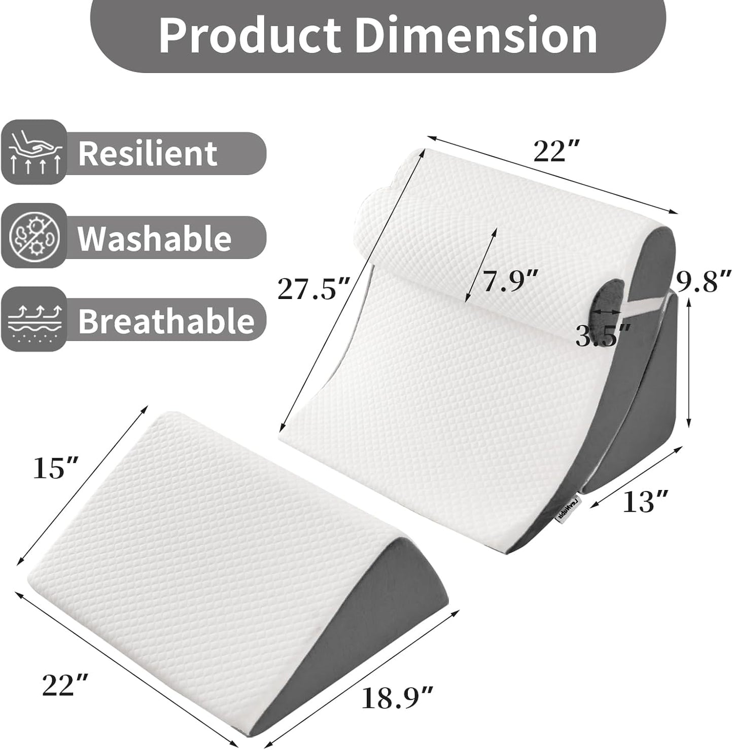 4PCS Orthopedic Bed Wedge Pillow Set for Post Surgery & Pain Relief, Adjustable Wedge Pillow for Back,Acid Reflux,Sitting up in Bed,Recovery,Snoring,Body Pillow for Sleeping (White/Dark Grey)