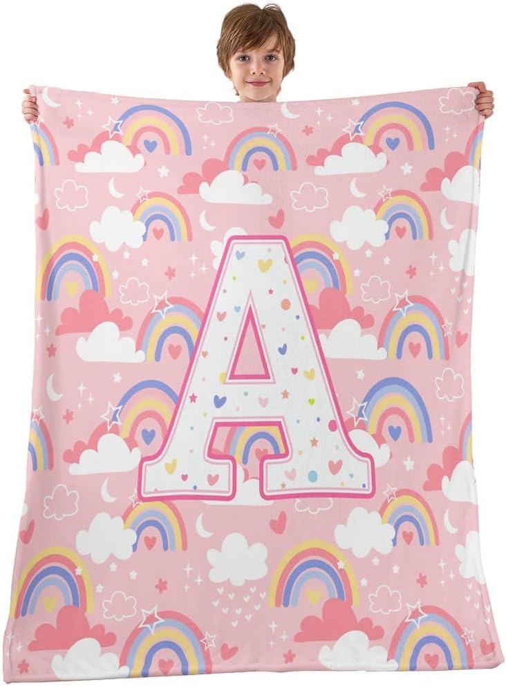 Manfei Cartoon Rainbow Clouds Print Flannel Blanket Cute Letter A Throw Blanket Kawai Girly Pink Cozy Throws for Bed Couch Sofa,Kids Boys Girls Room Decor,Soft and Breathable(50 x 60 Inches)