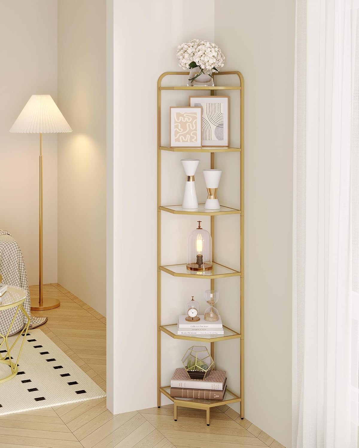 Corner Shelf Stand, 6-Tier Glass Bookshelf Bookcase, Bathroom Organizer, Plant Stand, Steel Frame, Tempered Glass, Modern Style for Living Room, Bathroom, Kitchen, Golden CS90600G