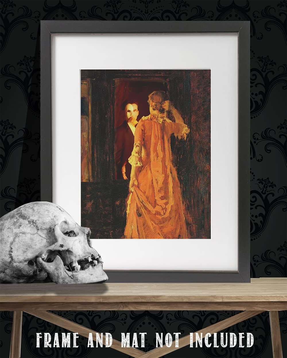 Masked Phantom 11x14 Unframed Print – Gothic Romantic Wall Art, Vintage Mirror Scene, Mysterious Masked Man and Woman, Dark Academia Decor, Baroque Theater-Inspired Poster for Home or Library