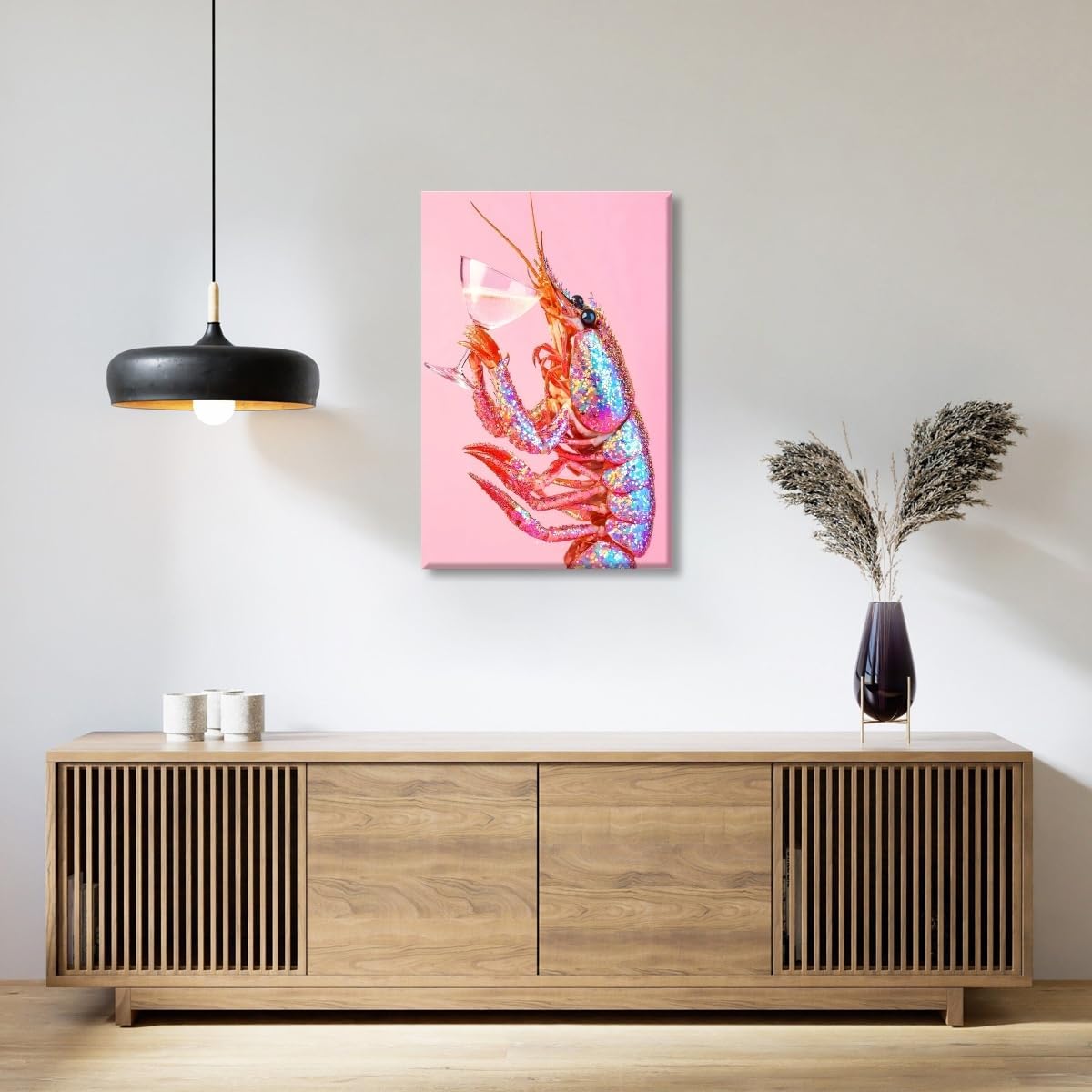 Psychedelic Pink Lobster Cocktail Wall Art Funny Crayfish Martini Poster Trippy Coastal Beach Aesthetic Canvas Prints Colorful Shrimp Picture Funky Seafood Decor for Kitchen Bar 16x24inch Unframed