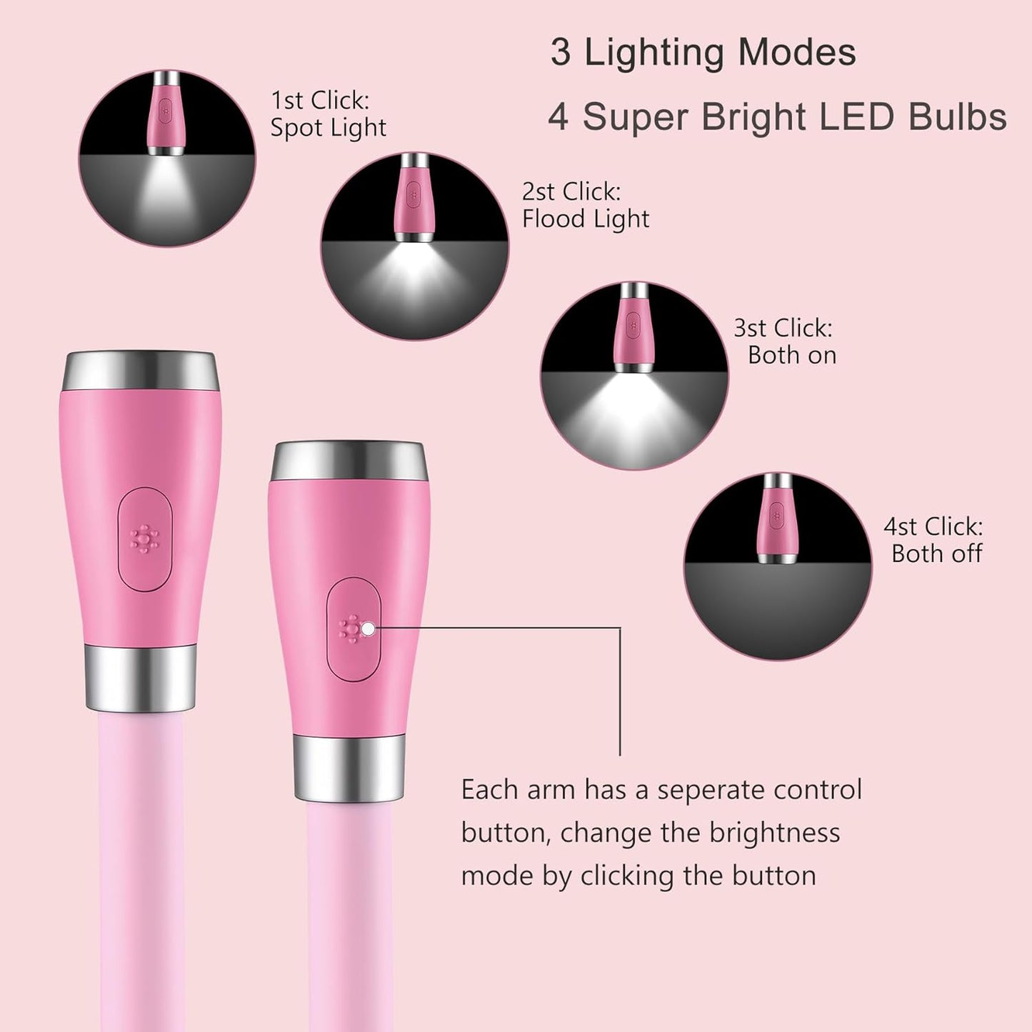 Neck Book Light, LED Reading Lamp, USB-C Rechargeable, Hands Free, 4 LED Bulbs, 4 Adjustable Brightness, for Reading in Bed or Reading in Car Lamp (Pink)