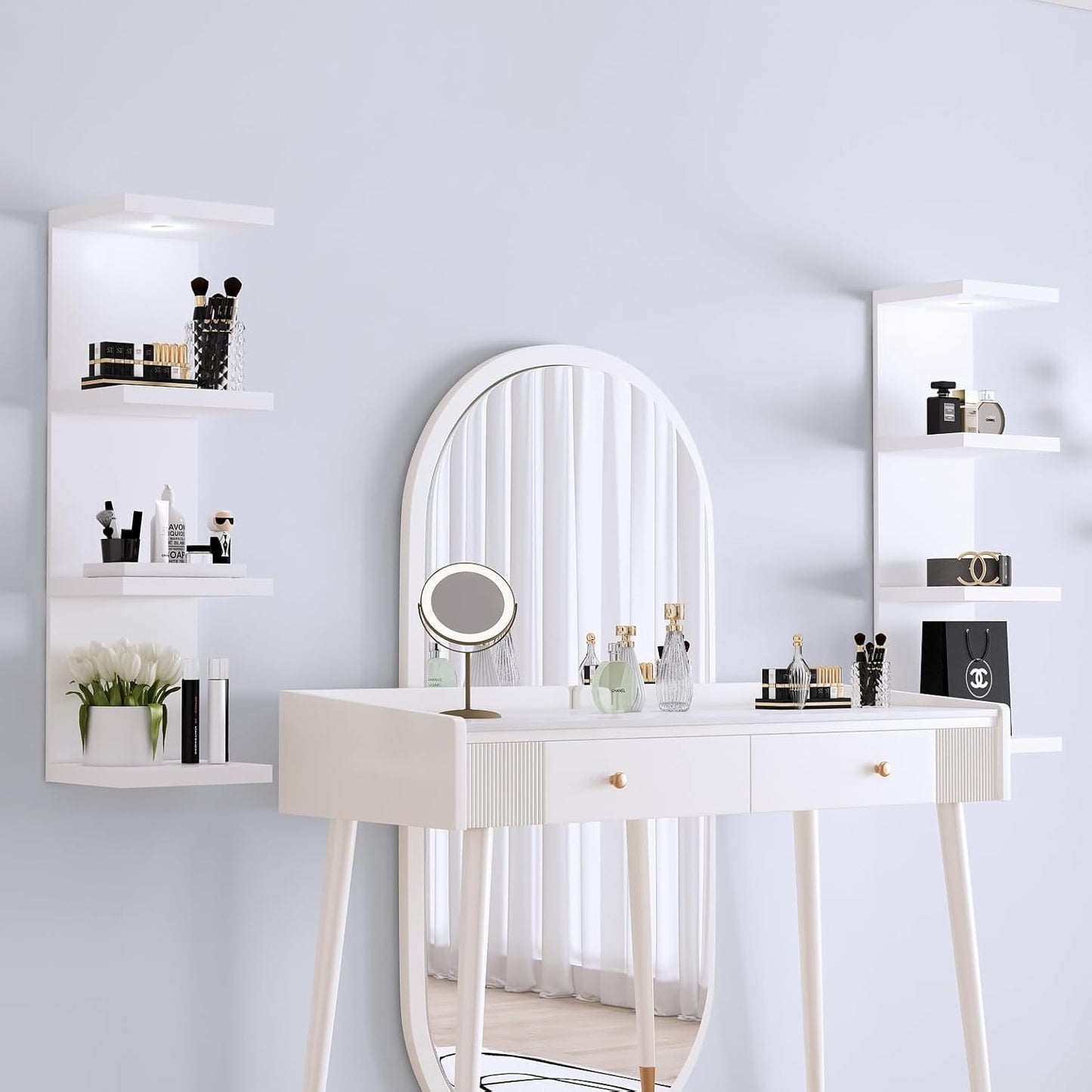 Versatile 4 Tier Wall Shelf Unit,White Lack Wall Shelf,Display Floating Shelf with LED Remote Control Light