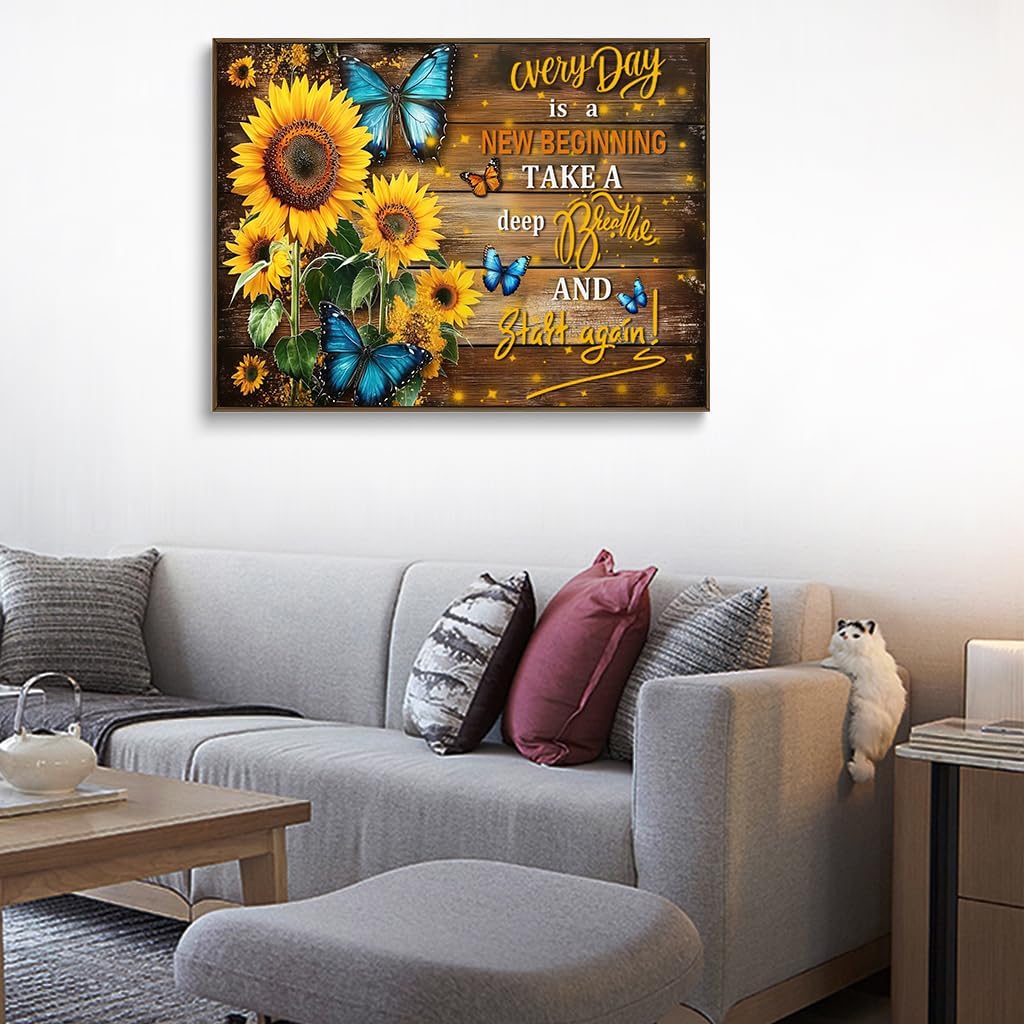 Sunflower Canvas Wall Art Blue Butterfly Rustic Wood Wall Decor Inspirational Prints Quotes Posters Vintage Painting Framed Artwork For Bedroom Living Room And Kitchen Home Modern Decors 12x16 Inches