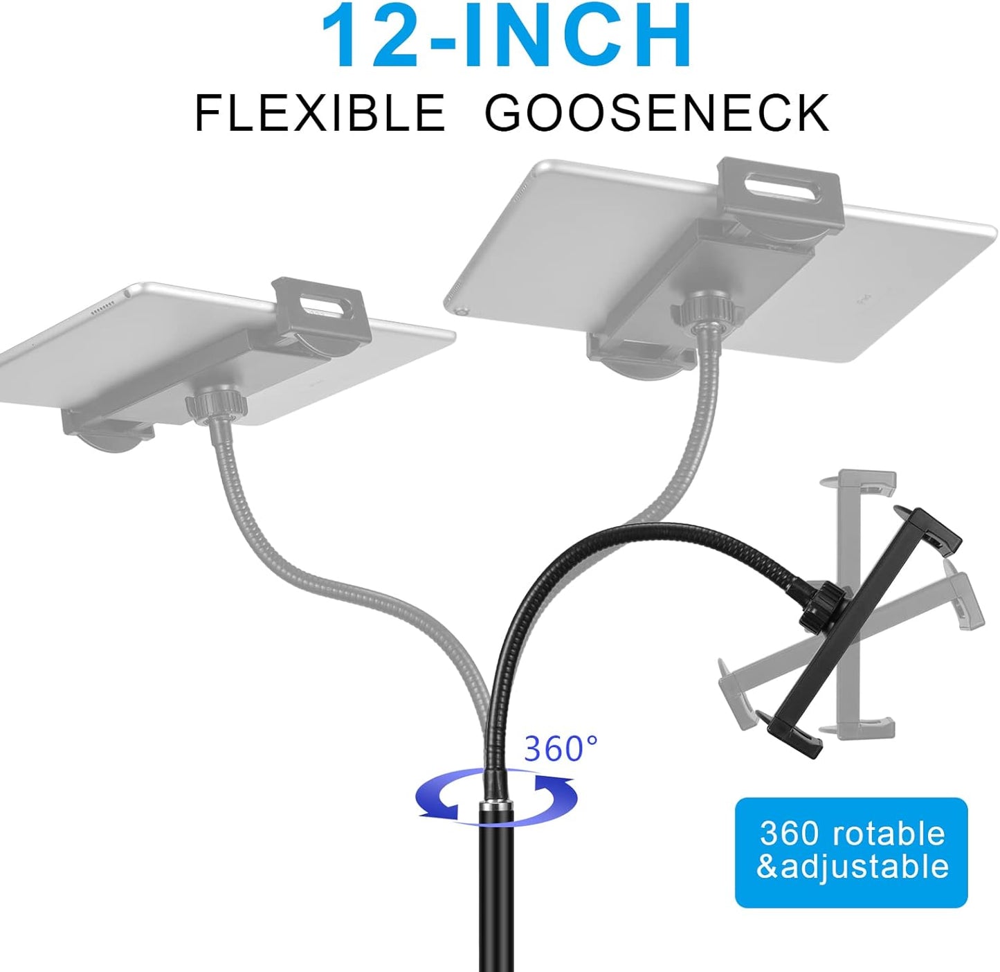 Tablet Floor Stand with Double Weight Base 360-degree Rotatable Metal Tablet Holder with Flexible Gooseneck Holder Long Arm for iPad Mini Air Pro, All Cell Phones iPhone & Tablets (4.5-12.9-inch)