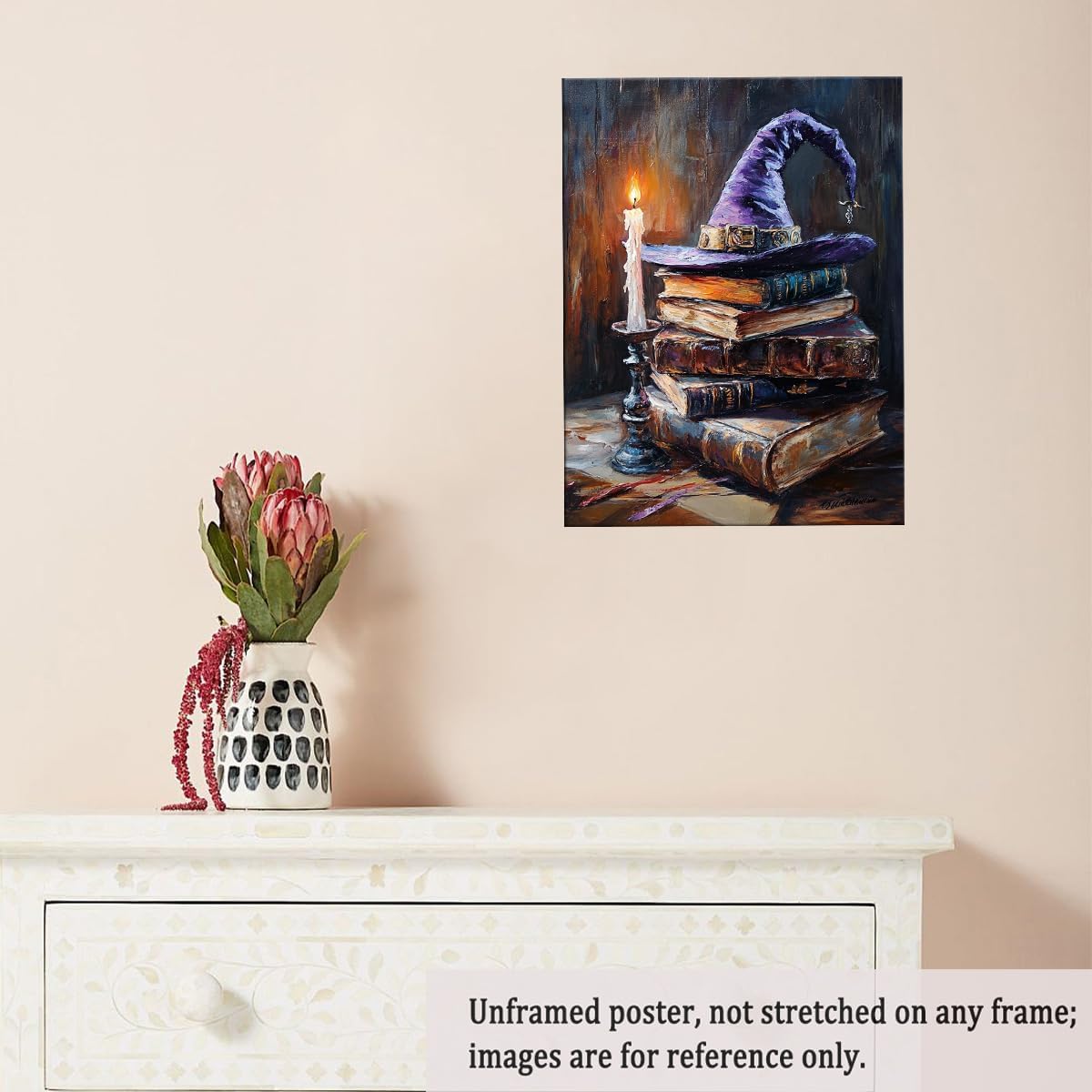 Witch Hat and Antique Books Wall Art Print – Magical Candlelight Painting for Witchcore Academia or Halloween Library Decor Vintage Fantasy Aesthetic 12x16in Unframed