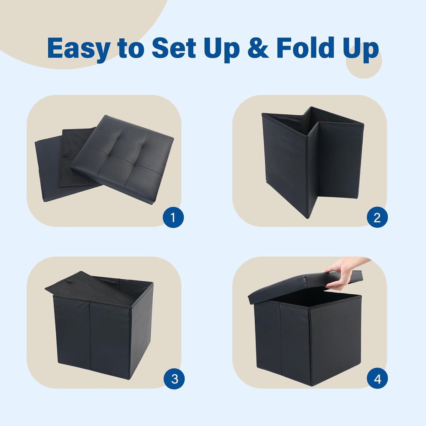 LotFancy Storage Ottoman, 2 Pack, Foldable Foot Rest Stool, 13x12x12 Inches Small Leather Bench with Storage, Holds up to 260 lb, for Living Room, Bedroom, Dorm, Black