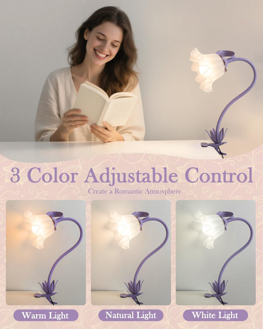 Flower Desk Lamp with Clamp - School Dorm Supplies, 3 Color Modes Flower Eye-Caring Clip on Light, Flexible Neck Reading Lamps for Home College Studying Room Bedside (Purple)