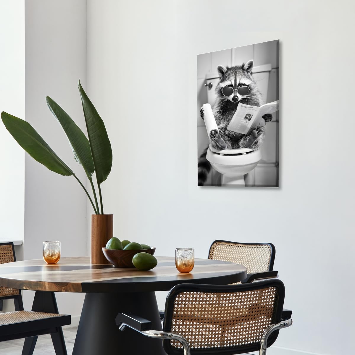 Funny Bathroom Wall Art Raccoon on Toilet Reading Newspaper Poster Trendy Black and White Art Aesthetic Canvas Prints for Bedroom Toilet Wall Decor12x18inch Unframed