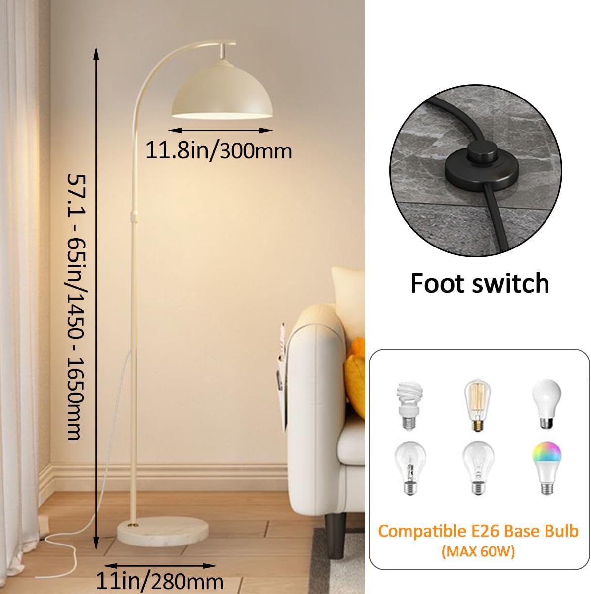 Nordic Simple Floor Lamps Adjustable Height Floor Reading Lamp 65in Arc Standing Lights with Marble Base Modern Adjustable Metal Head Tall Lamp for Bedroom Office Kids Room (Bulb Included)