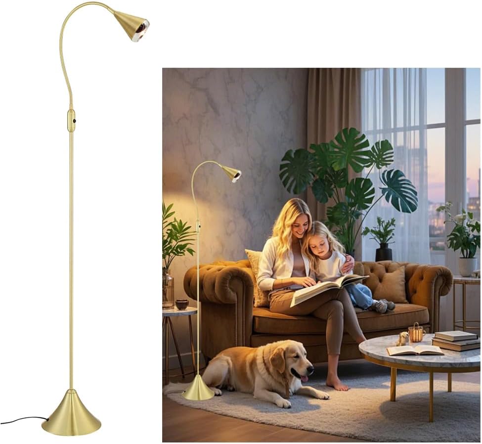 HomeFocus - LED Floor Lamp,Standing Lamp for Reading,Eye-Caring,Stepless Dimming,Floor Lamp for Living Room,Bedroom,LED 5W,Energy Efficient Super Bright (Metal,Gold)