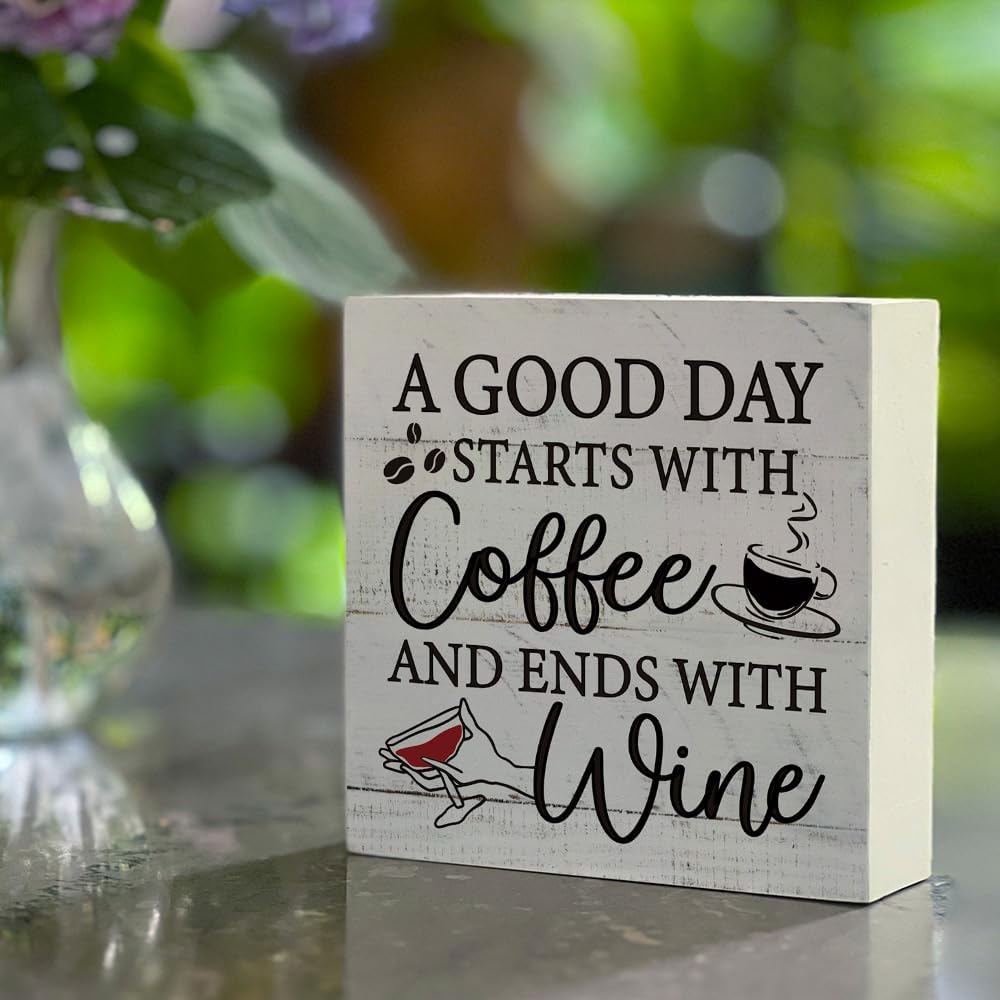 Funny Rustic Wooden Sign Coffee And Wine Desk Decor Sign, A Good Day Starts with Coffee and Ends with Wine Signs for Farmhouse Home Kitchen Office Bar Tabletop Desk, Wooden Accessories for Family Friend Coworker