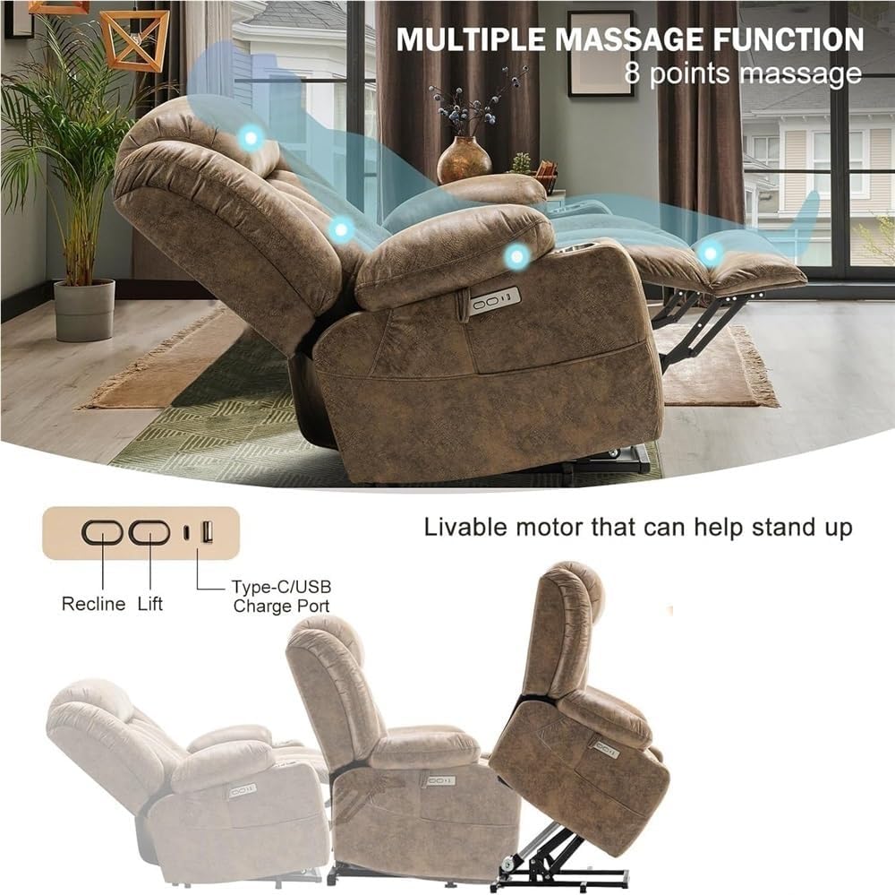 Power Lift Recliner with Heat & Massage – Oversized Electric Leather Recliner Chair with USB Ports, Cup Holders, Breathable Seating, Comfort Sofa for Living Room, Elderly & Adults