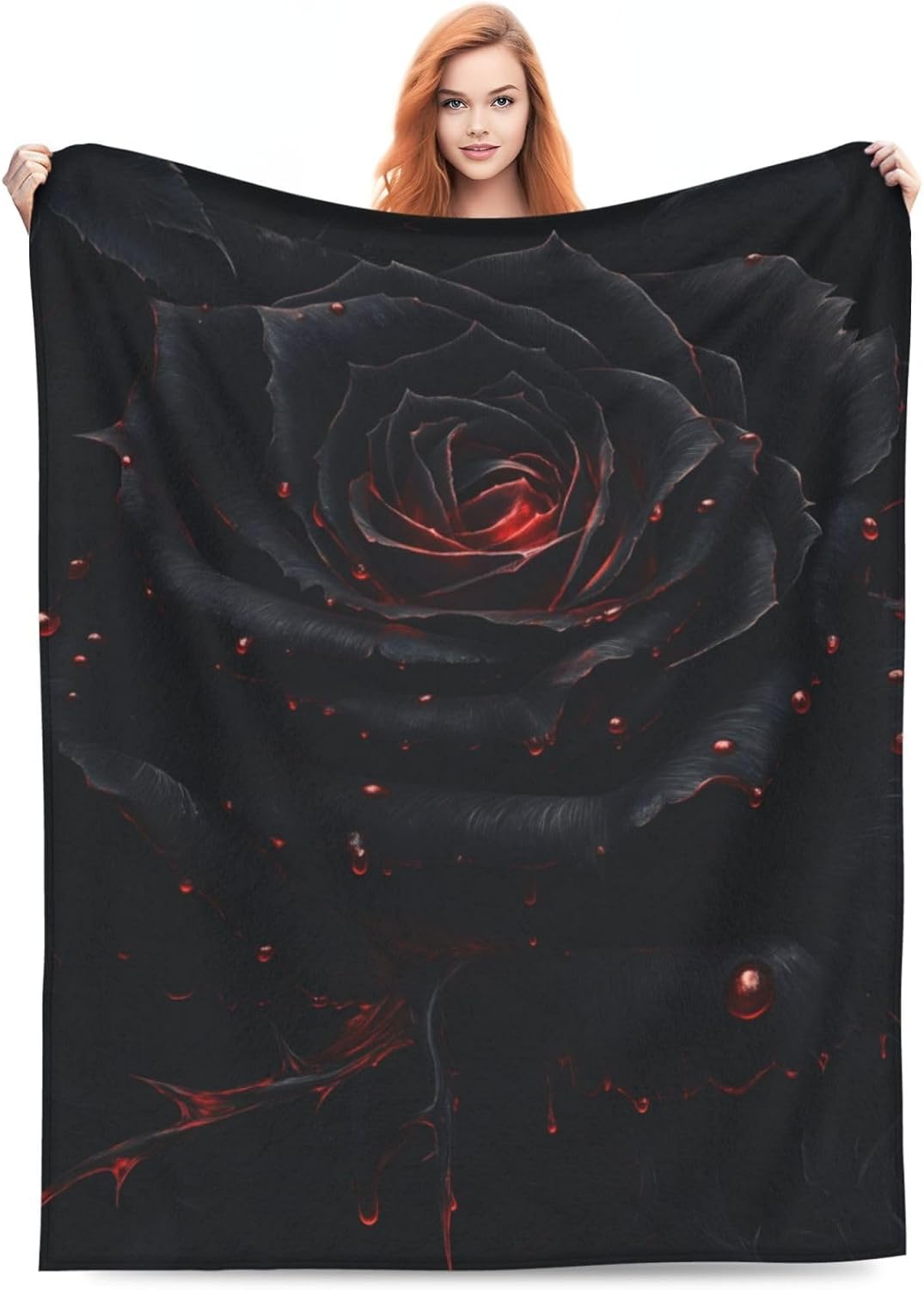 Rose Blanket Gifts for Women Girls Mom Wife, Flannel Goth Black Rose Throw Blankets for Bed Living Room Sofa Couch Traveling Camping, Soft Warm Lightweight Plush Rose Decor 50x60in
