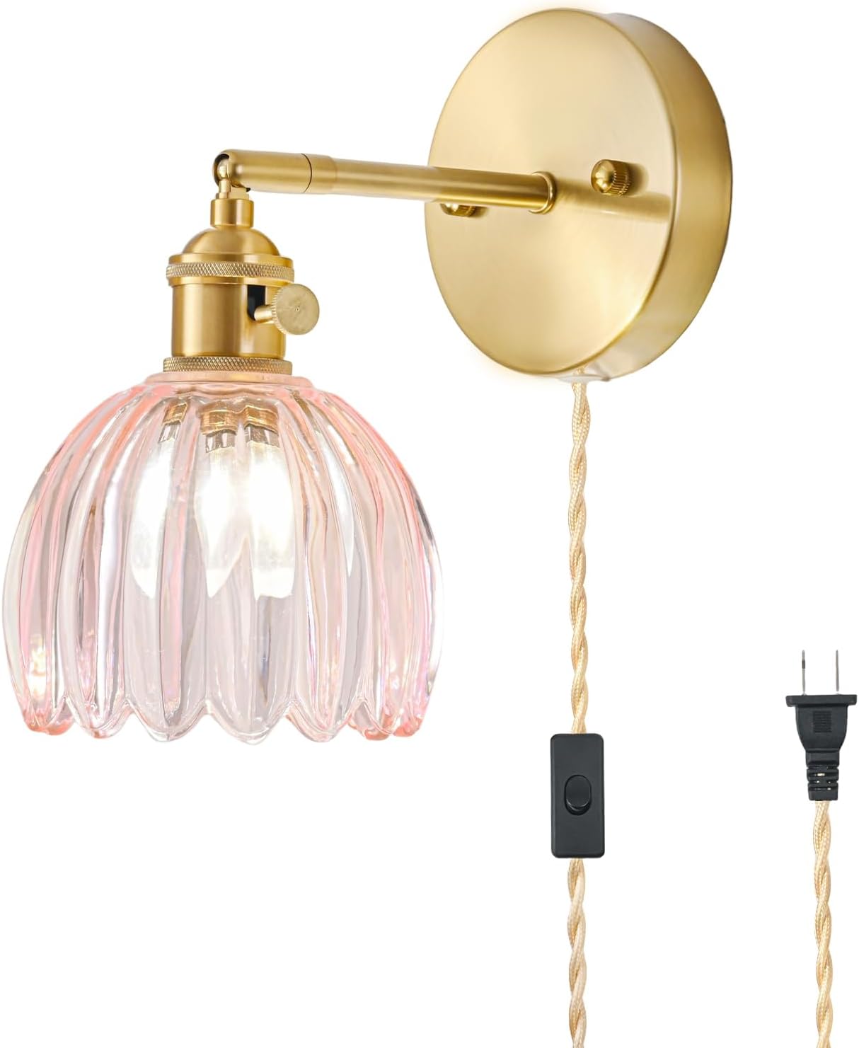 Plug in Wall Sconce, Vintage Sconce Light with Tulip Pink Glass Lampshade, Bedside Wall Sconce with Switch and Plug in Wall Lamp Cord, Gold Wall Light for Bedroom