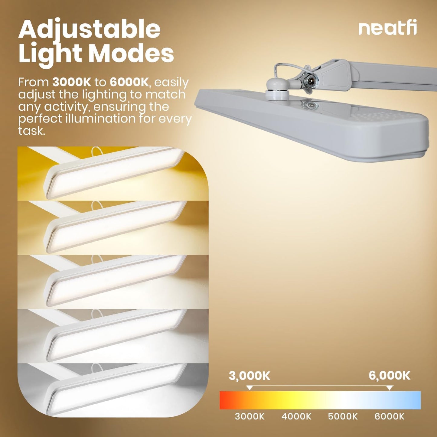 Neatfi XL 2,500 Lumens 30W LED Task Lamp – 22” Wide Shade | 324 SMD LEDs | 5 Light Modes | 3000K–6000K | Dimmable | Eye-Caring Desk Light for Home, Office (CCT with Base, White)